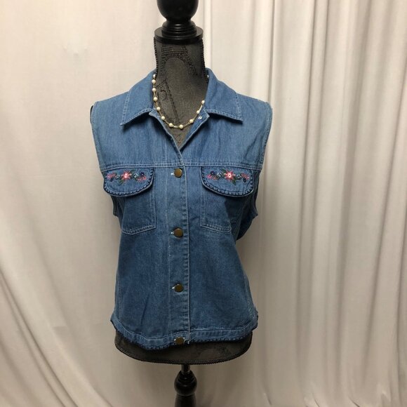 Vintage Stonybrook Denim Vest Womens Size Medium Floral Embroidery Button Front - Picture 1 of 7
